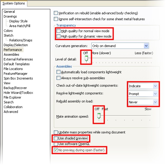 , SOLIDWORKS System Options Set to Optimal (MSWP#2)