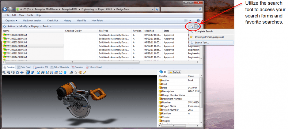 Using the Enterprise PDM Search Tool
