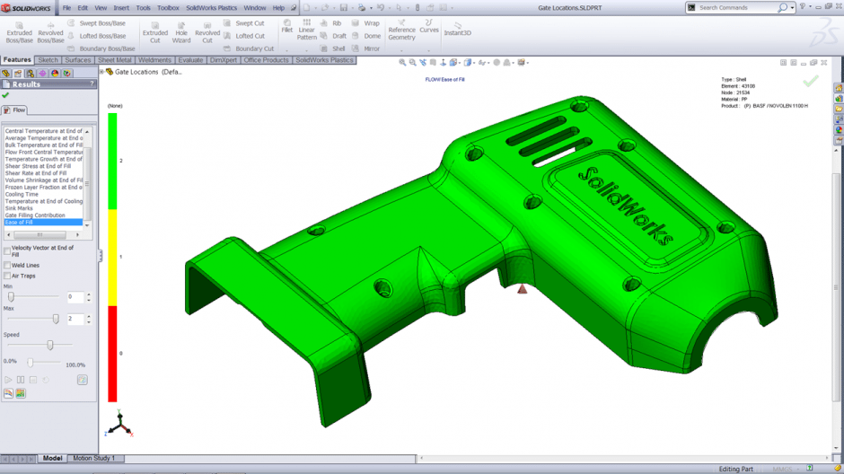 SOLIDWORKS Plastics Ease of Fill Plot