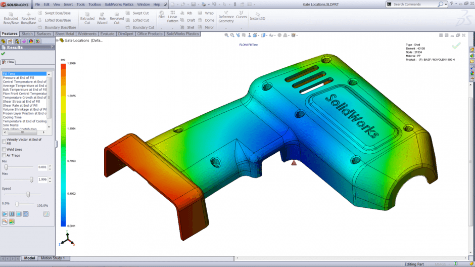 SOLIDWORKS Plastics Fill Time Plot