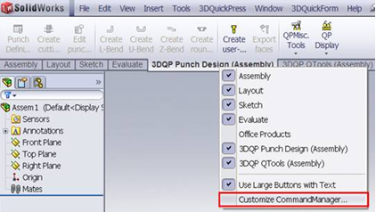 , How to set 3DQPress Command Tabs in SolidWorks