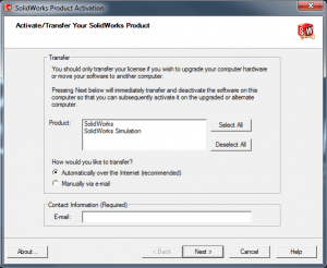 SOLIDWORKS License Transfer Screen
