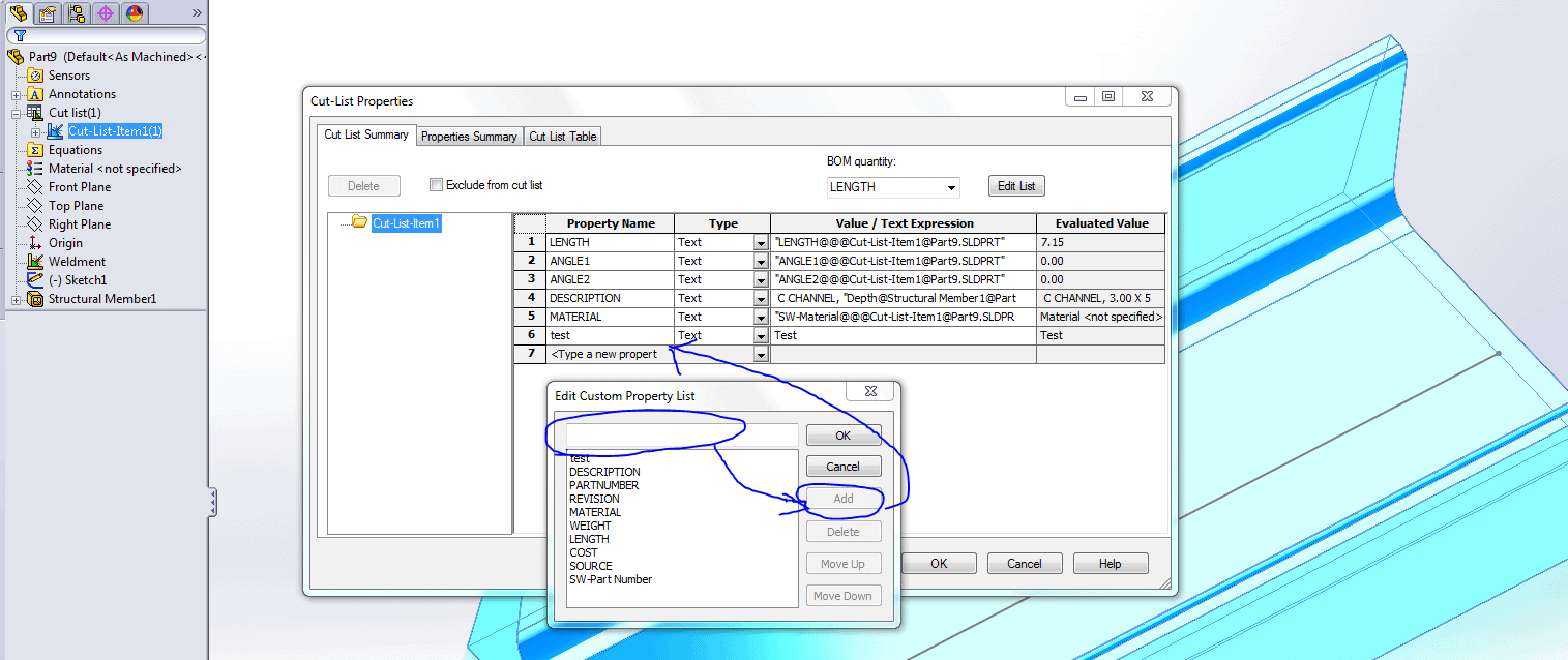 , How do you reference Cut List custom properties in a SOLIDWORKS drawing?