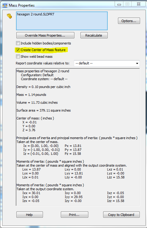 Mass properties window