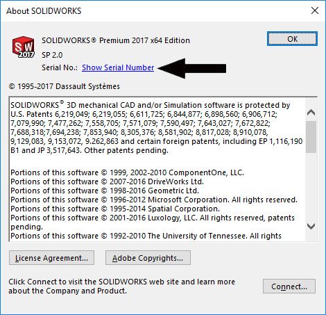 using the "about solidworks" information panel to find your serial number