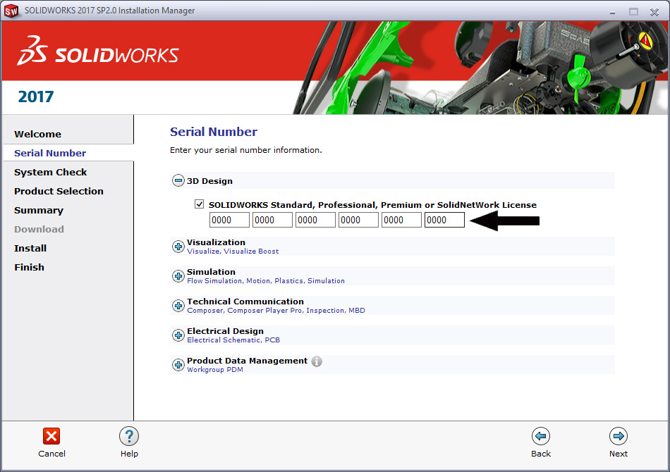 use the solidworks installation manager to reveal your serial number