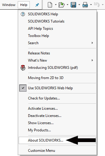 locating "about solidworks" in the help menu