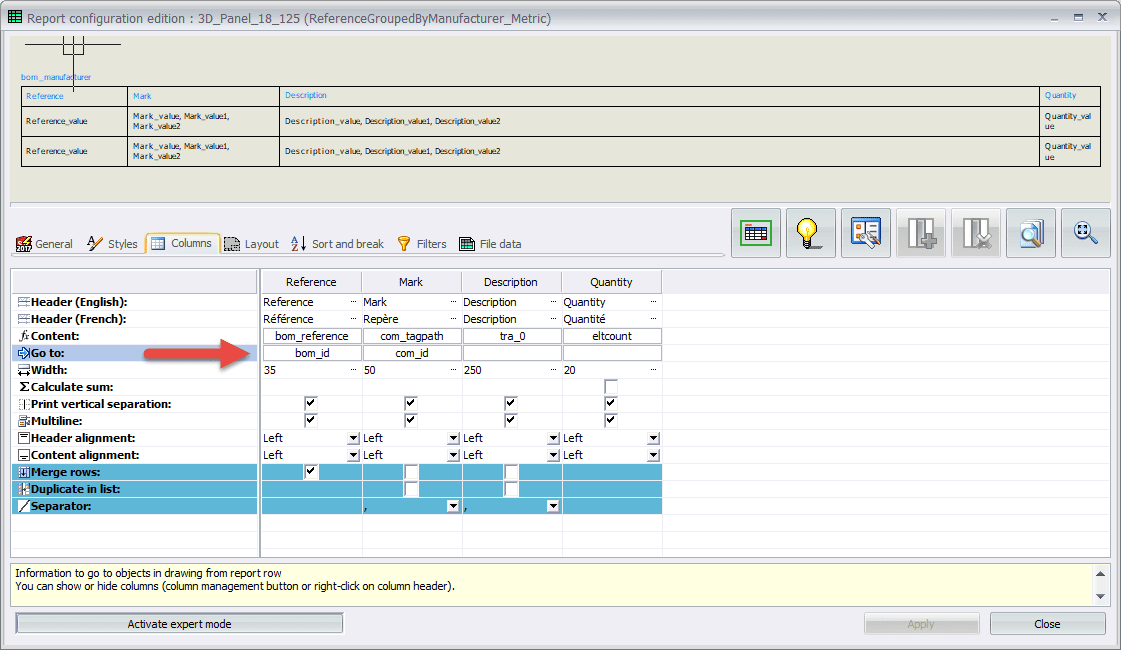 SOLIDWORKS Schematic Report Configuration Settings