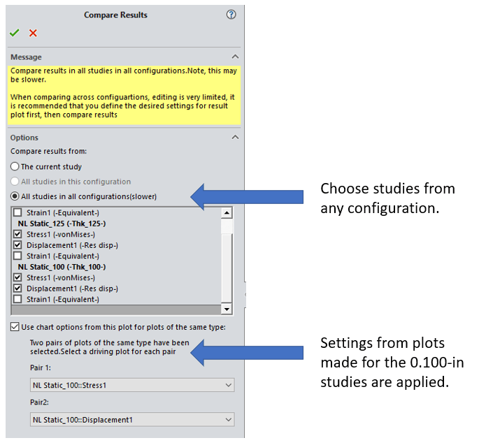 solidworks simulation compare results window dialog