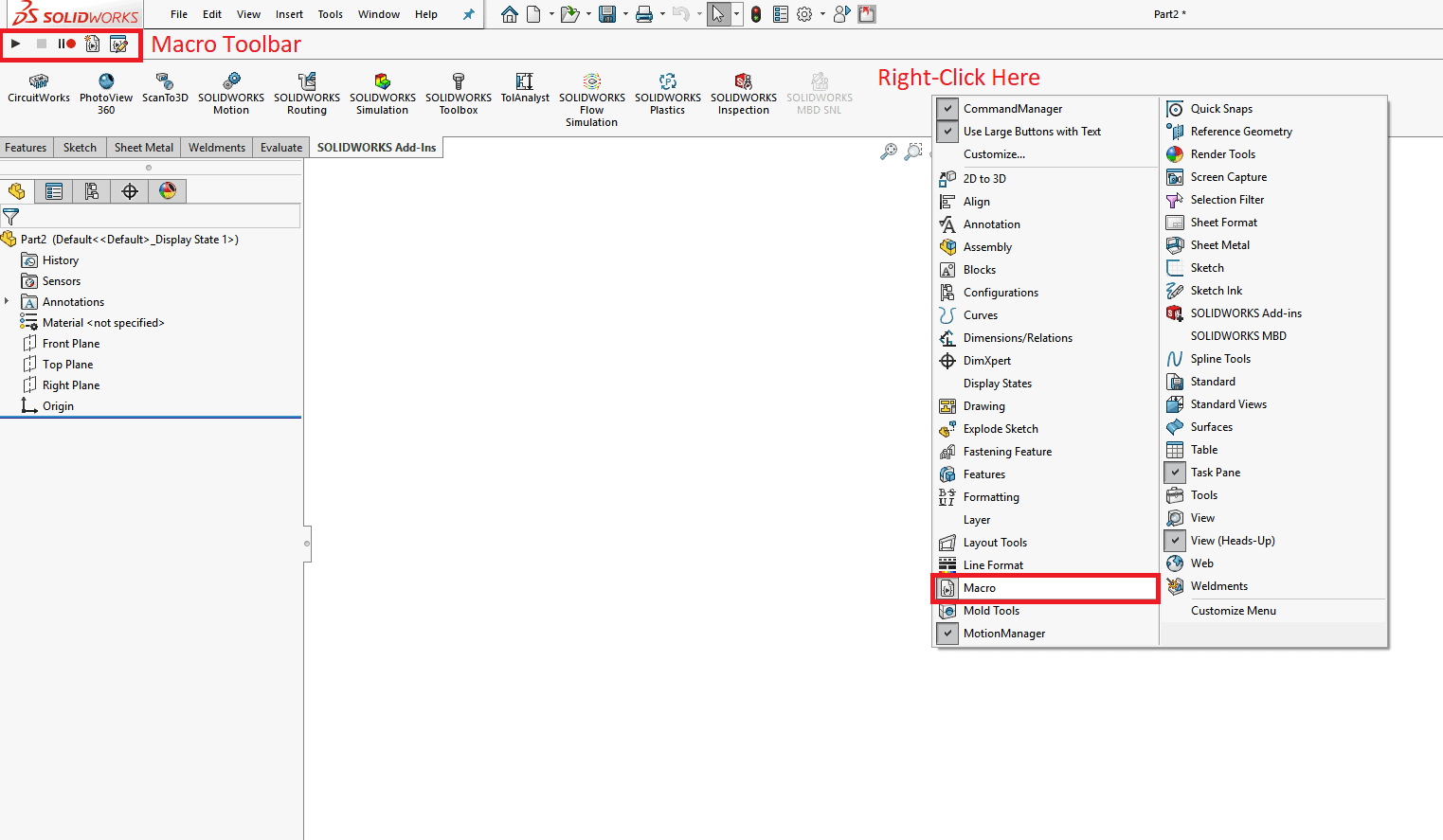 step 1 for creating a macro for solidworks cam