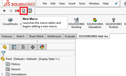 create new macro button for toggling solidworks cam add-in