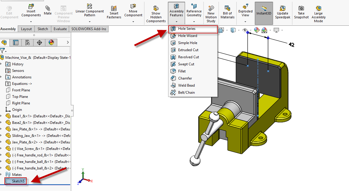 solidworks assembly hole series command location