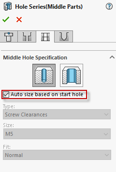 solidworks assembly hole series auto size option