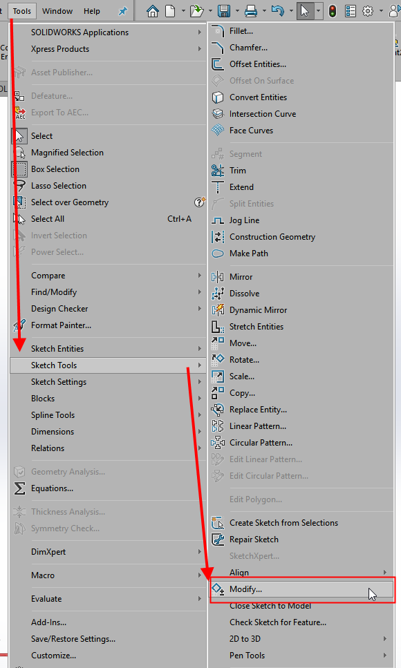 solidworks location of modify sketch tool