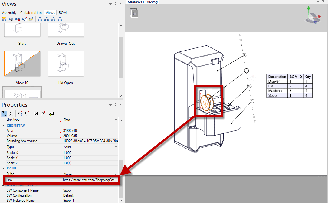 solidworks composer location of link event in poroperties