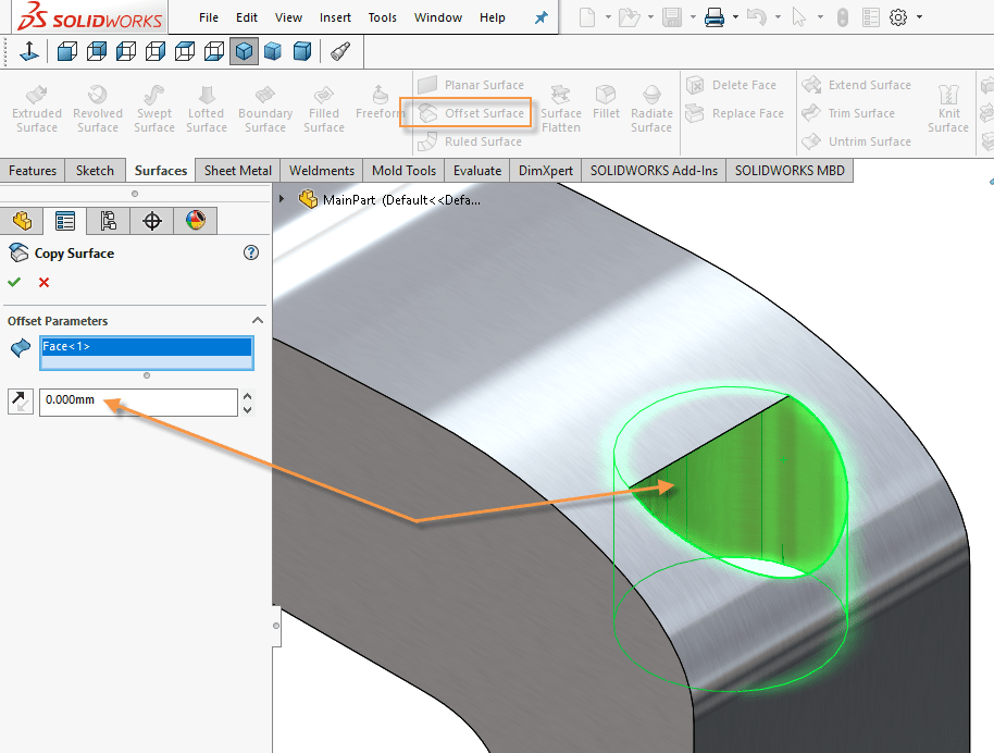 solidworks intersect feature offset surface options