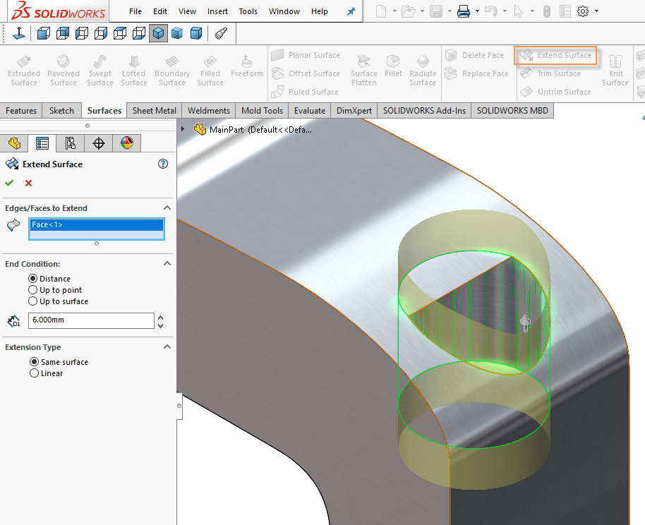 solidworks intersect feature extend surface options