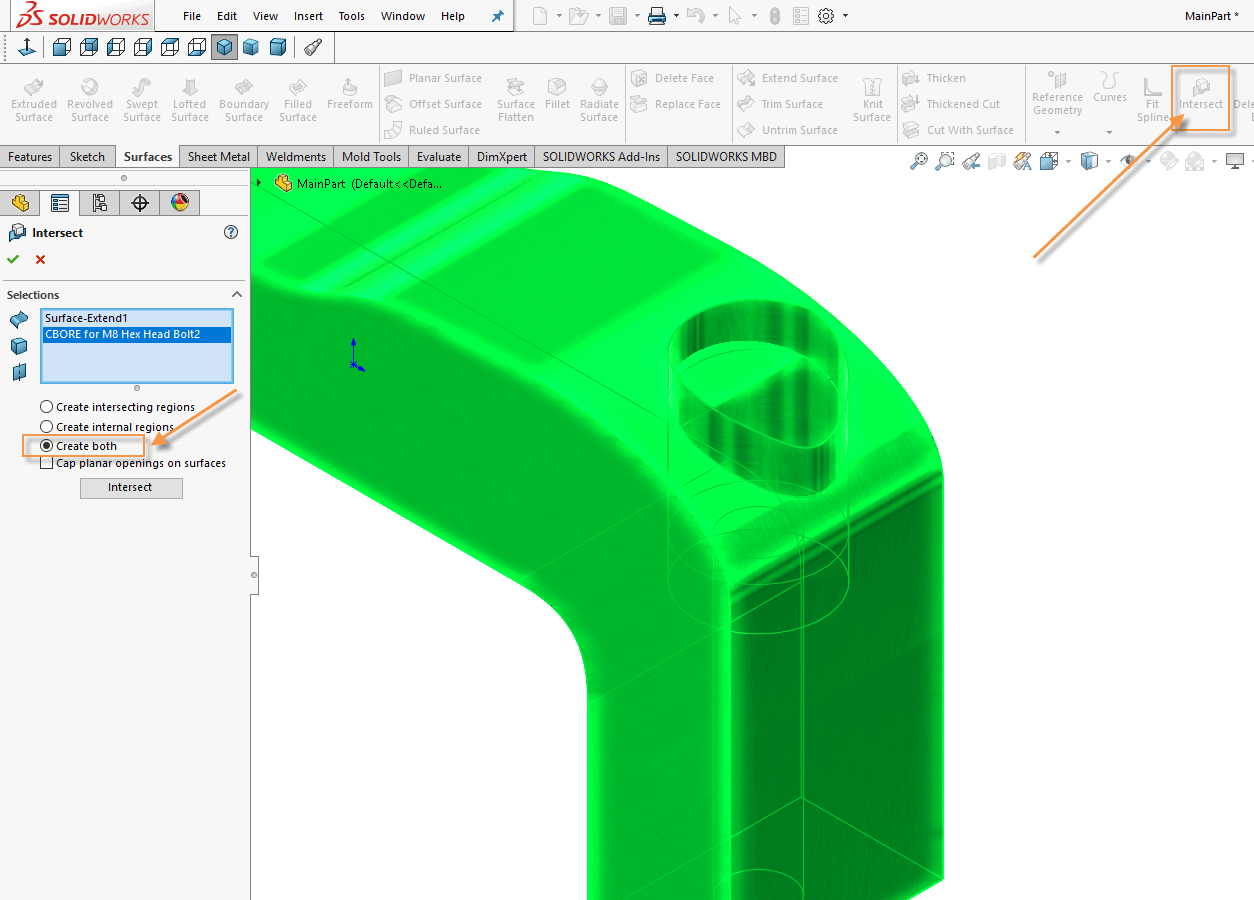 solidworks intersect feature intersect command options