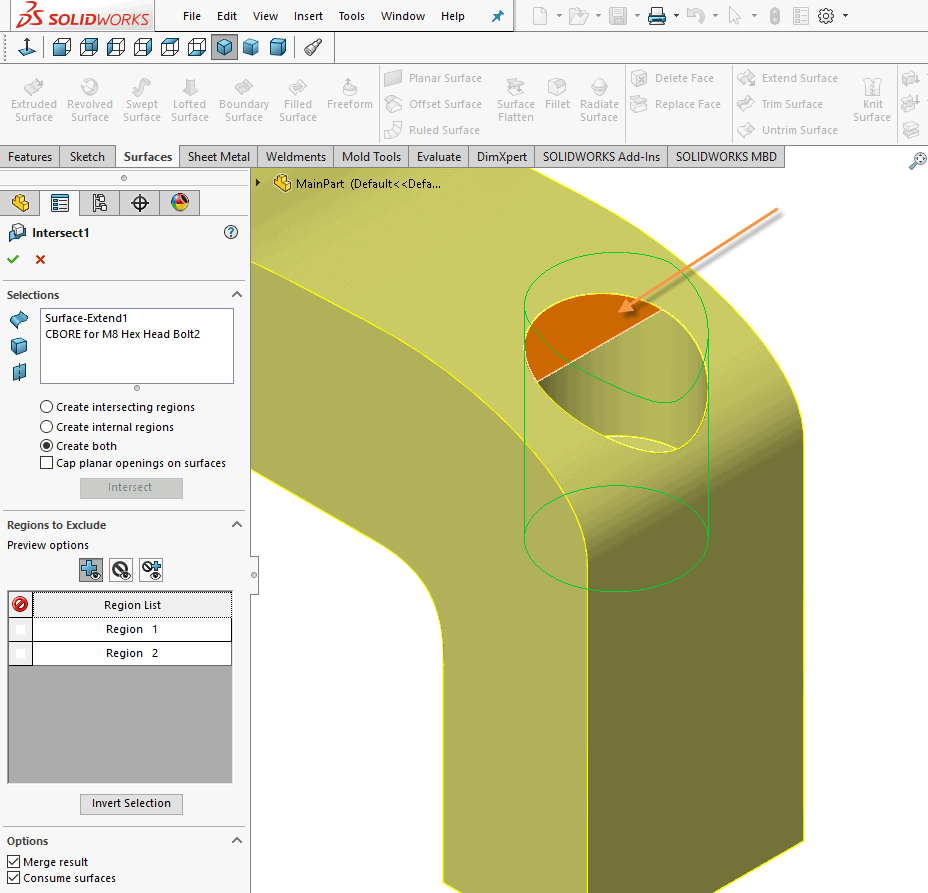 solidworks intersect feature example part split into two regions