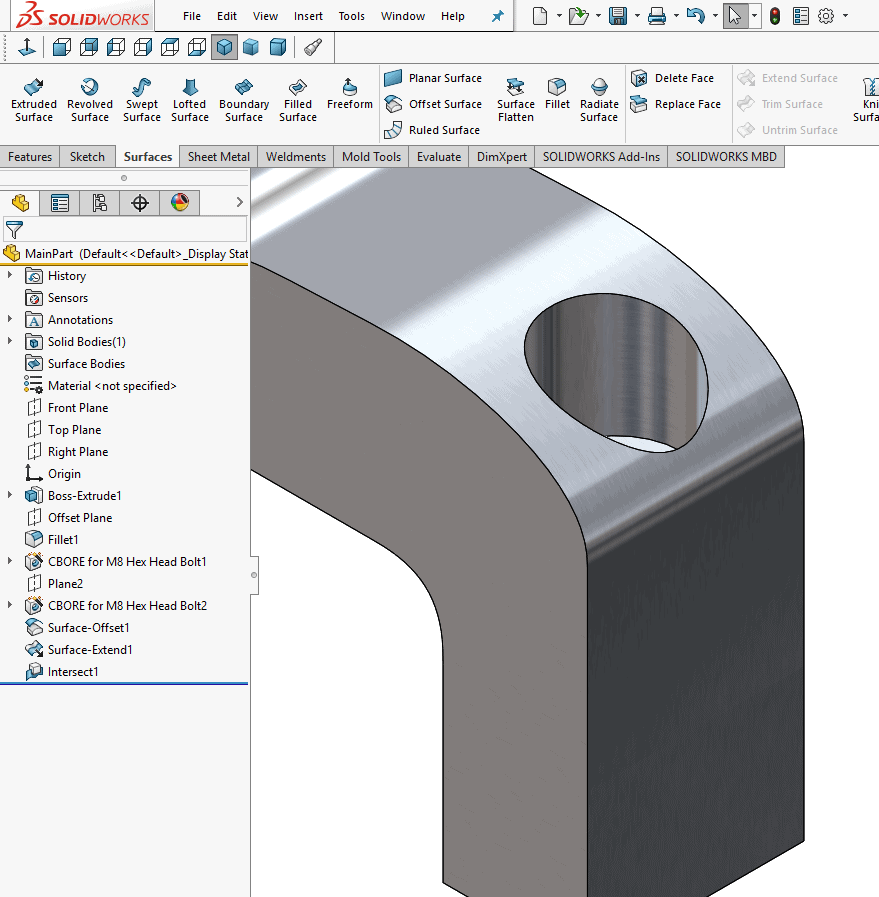 solidworks intersect feature example part after choosing surface region to remove