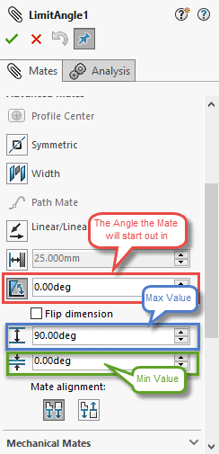 SOLIDWORKS Limit Mate Limit Angle example property manager
