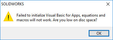 How Do I Fix the SOLIDWORKS Error to initialize Visual Basic for Apps, equations and macros will not Are you on disc space?" caused by Windows Update KB4048955? -