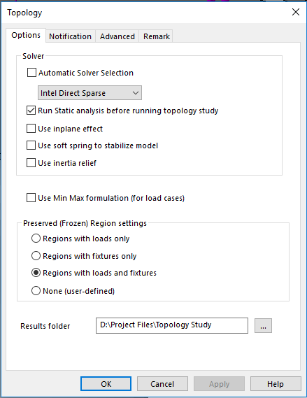 SOLIDWORKS Simulation Topology Study properties