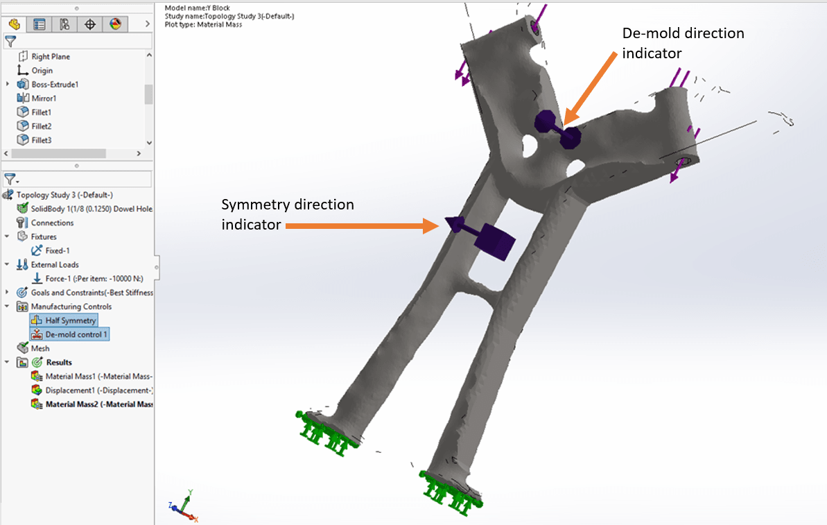 SOLIDWORKS Simulation Topology Study symmetry direction and de-mold direction