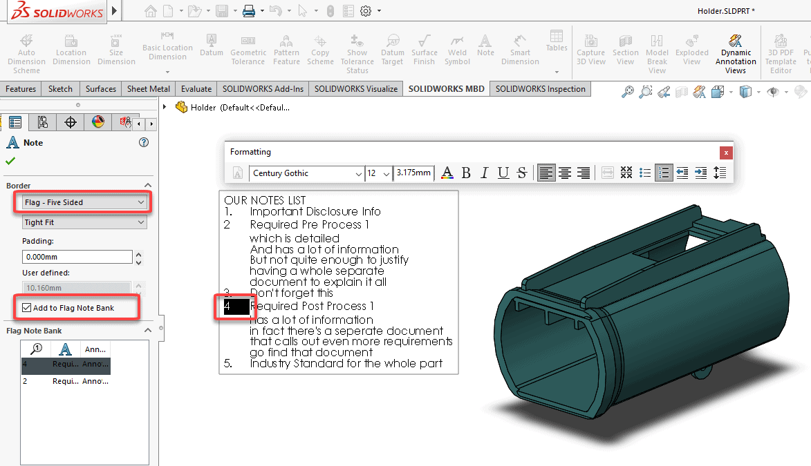 , SOLIDWORKS MBD Flag Notes in the Bank