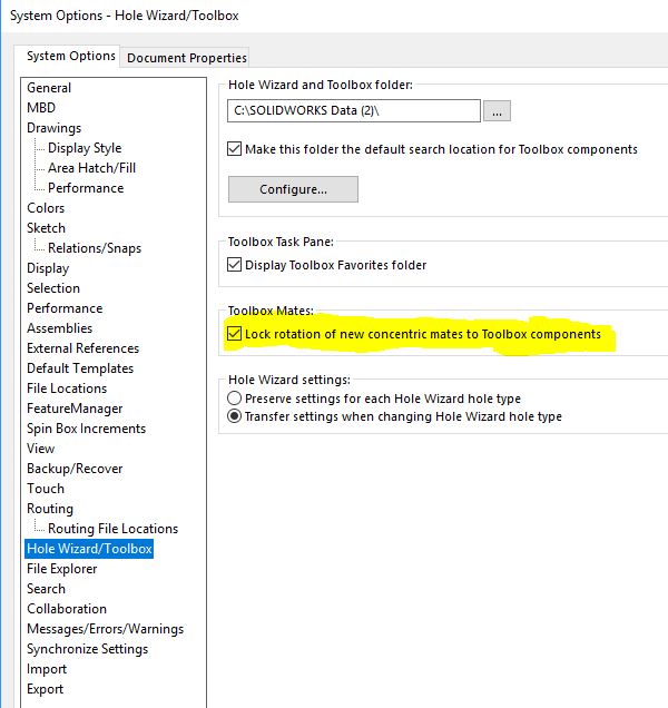 , SOLIDWORKS 2019 What’s New – Mates &#8211; Automatically Lock Rotation/Disabling Automatic Mate Updates in Toolbox – #SW2019