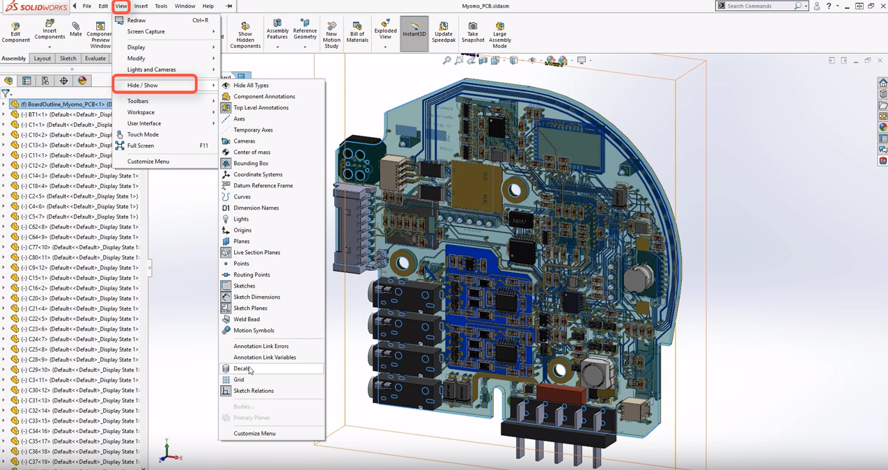 SOLIDWORKS PCB 2019 hide decals