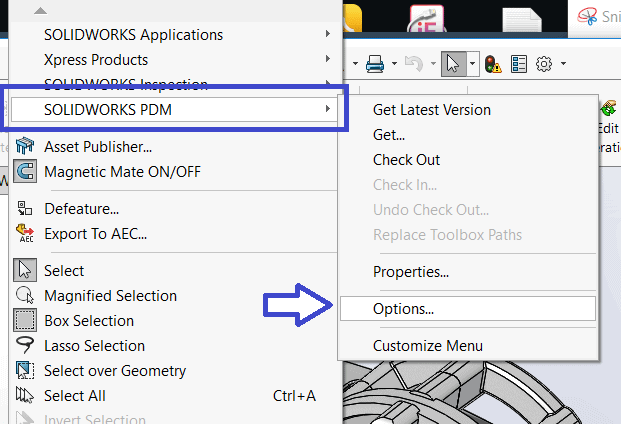 solidworks pdm add in options