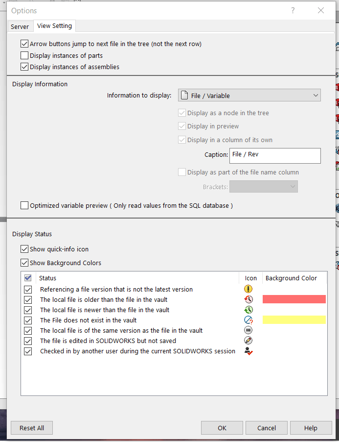 pdm add in view setting tab