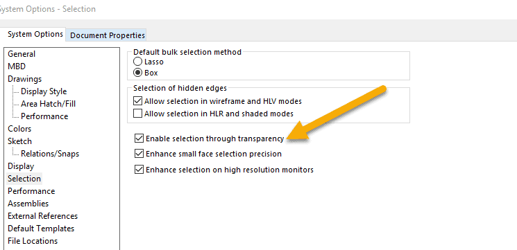 enable selection through transparency