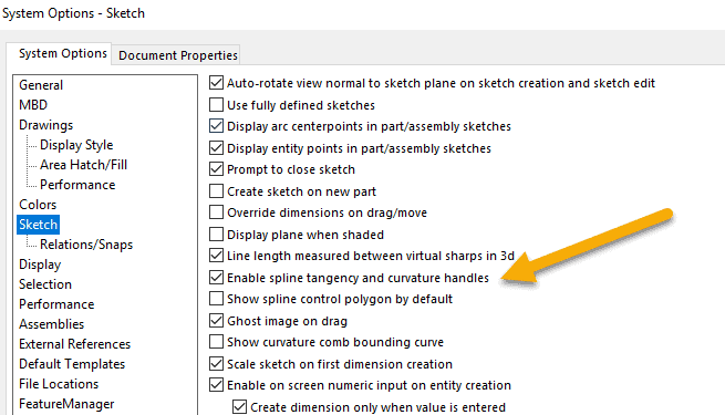 enable spline tangency and curvature handles