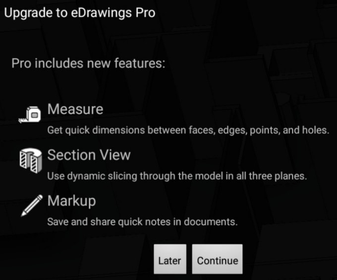 Upgrade to eDrawings Pro ($7.99) to get access to the Measure tool, cross sections, and markup capabilities. 