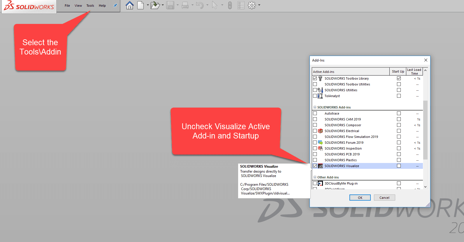 turning off visualize standard when solidworks maintenance has expired