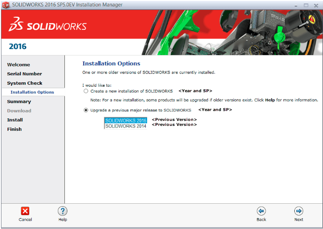 upgrading solidworks installation options
