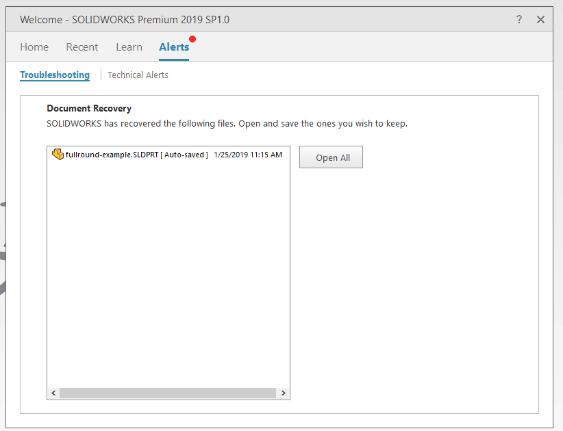 SOLIDWORKS auto-recover 2019