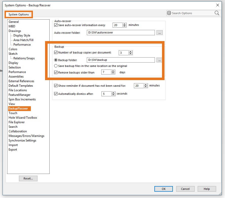 SOLIDWORKS backup function