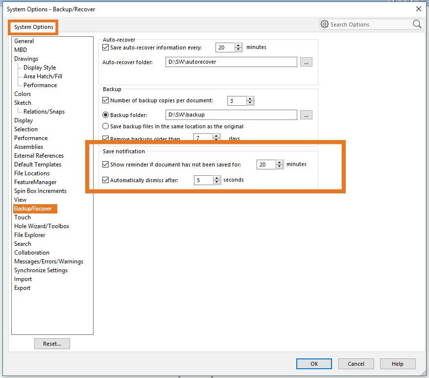 solidworks backup location