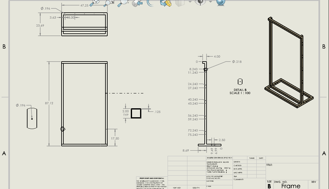 Drawing sheet with front, top, right views of the frame