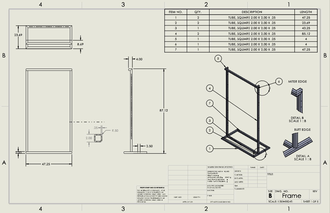 Drawing with much greater detail after creating frame from scratch using SOLIDWORKS Weldments. There is a cut list that lists all of the stock sizes and lengths, as well as detailed views on whether there should be a mitered edge weld or butt edge weld on connecting components.