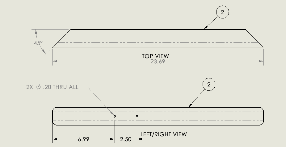 Details the second item in the cut list more closely, calling out specific holes in the piece as well.