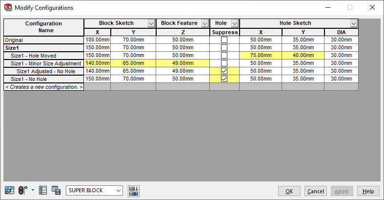 , SOLIDWORKS: Yellow Colored Cells of Derived Configurations?