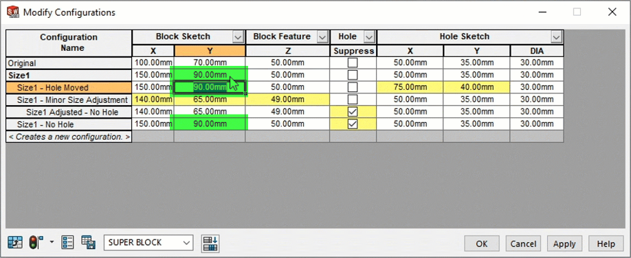 , SOLIDWORKS: Yellow Colored Cells of Derived Configurations?