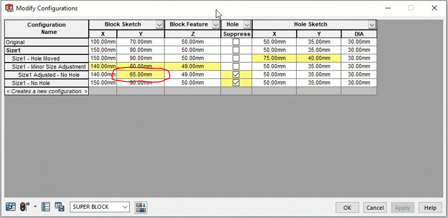 , SOLIDWORKS: Yellow Colored Cells of Derived Configurations?