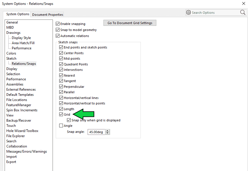 Relations/Snaps System Options