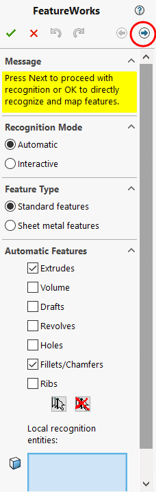 FeatureWorks PropertyManager with Automatic Recognition, Standard Features, Extrudes selected.