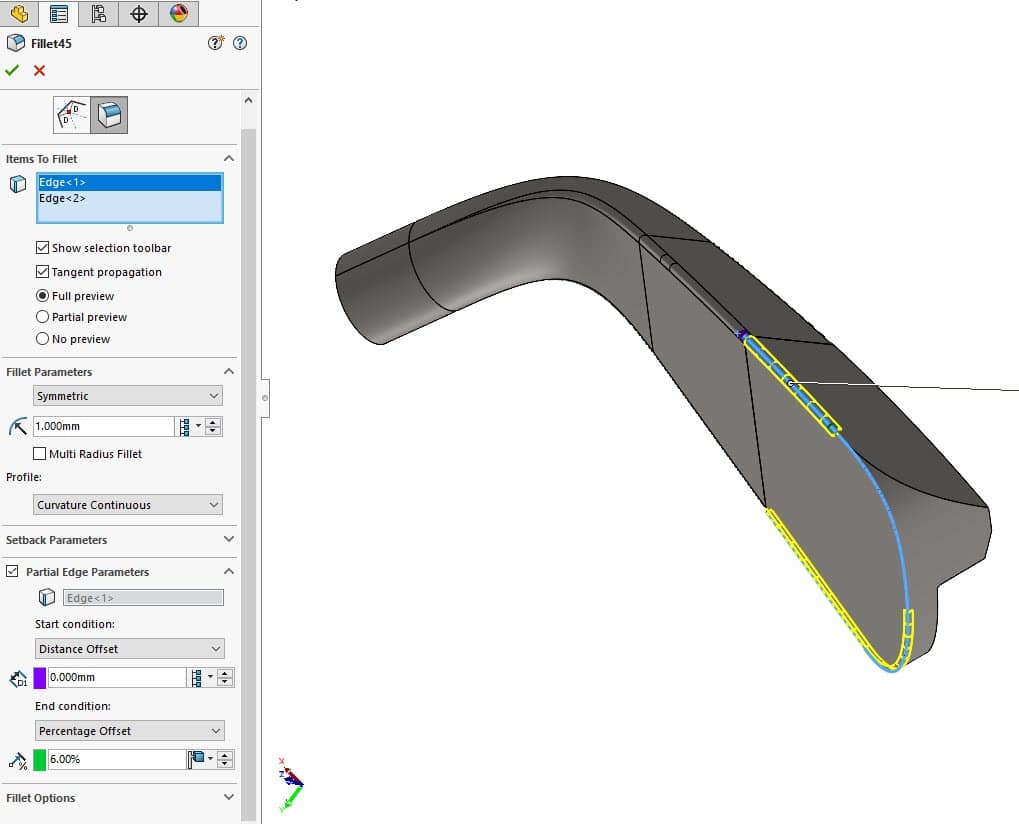 , Partial Fillet Blend in SOLIDWORKS